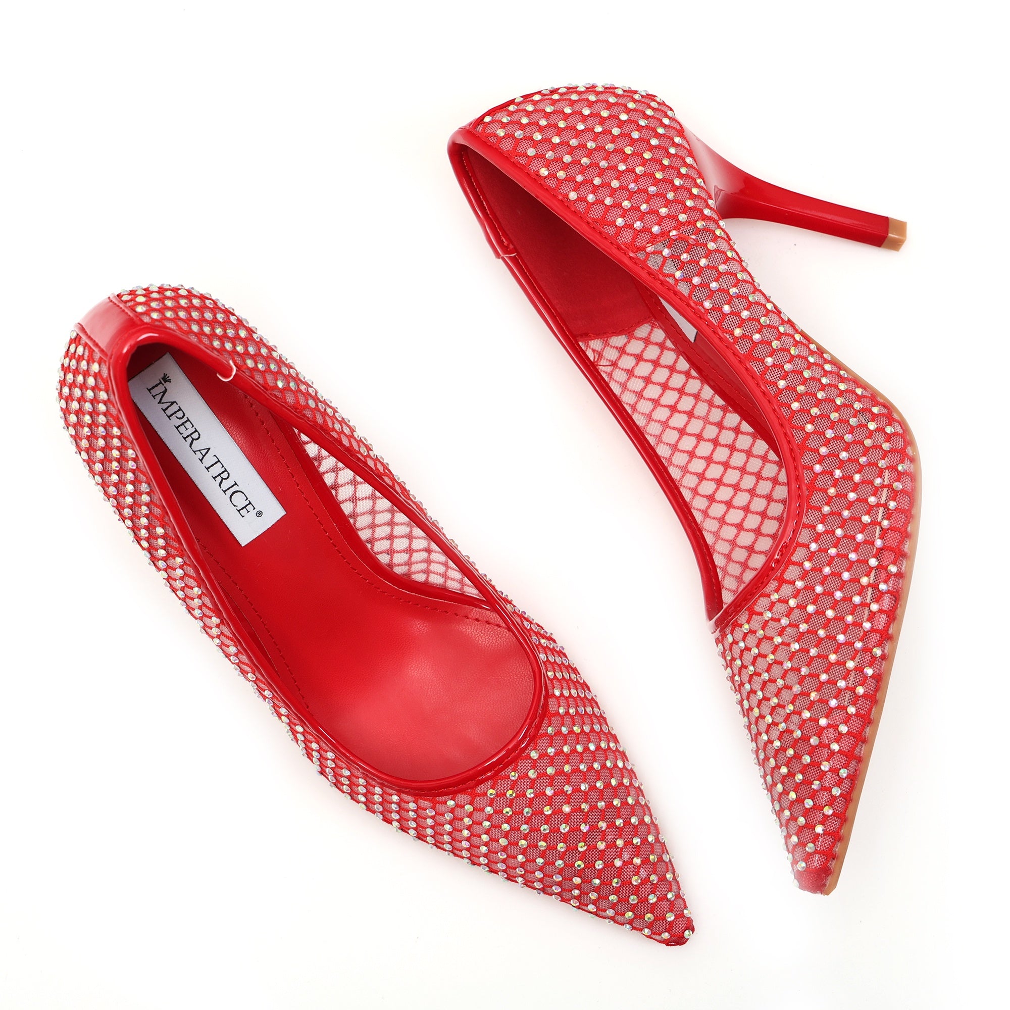 Dècolletè pumps in simil pelle con tomaia bucherellata ricoperta di strass Rosso