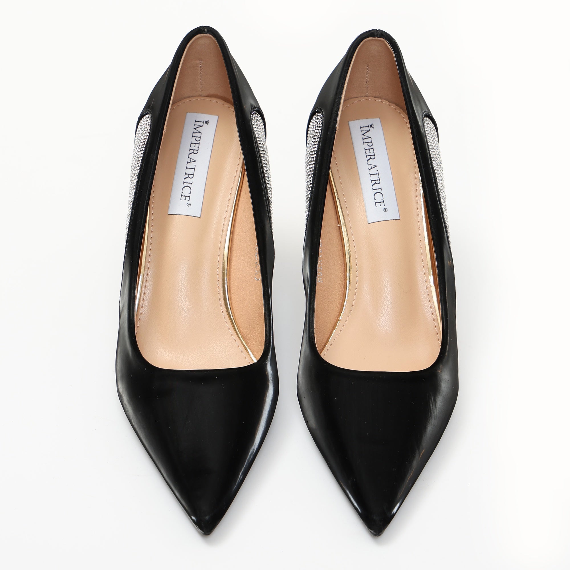 Dècolletè pumps in simil pelle verniciata con strass laterali Nero