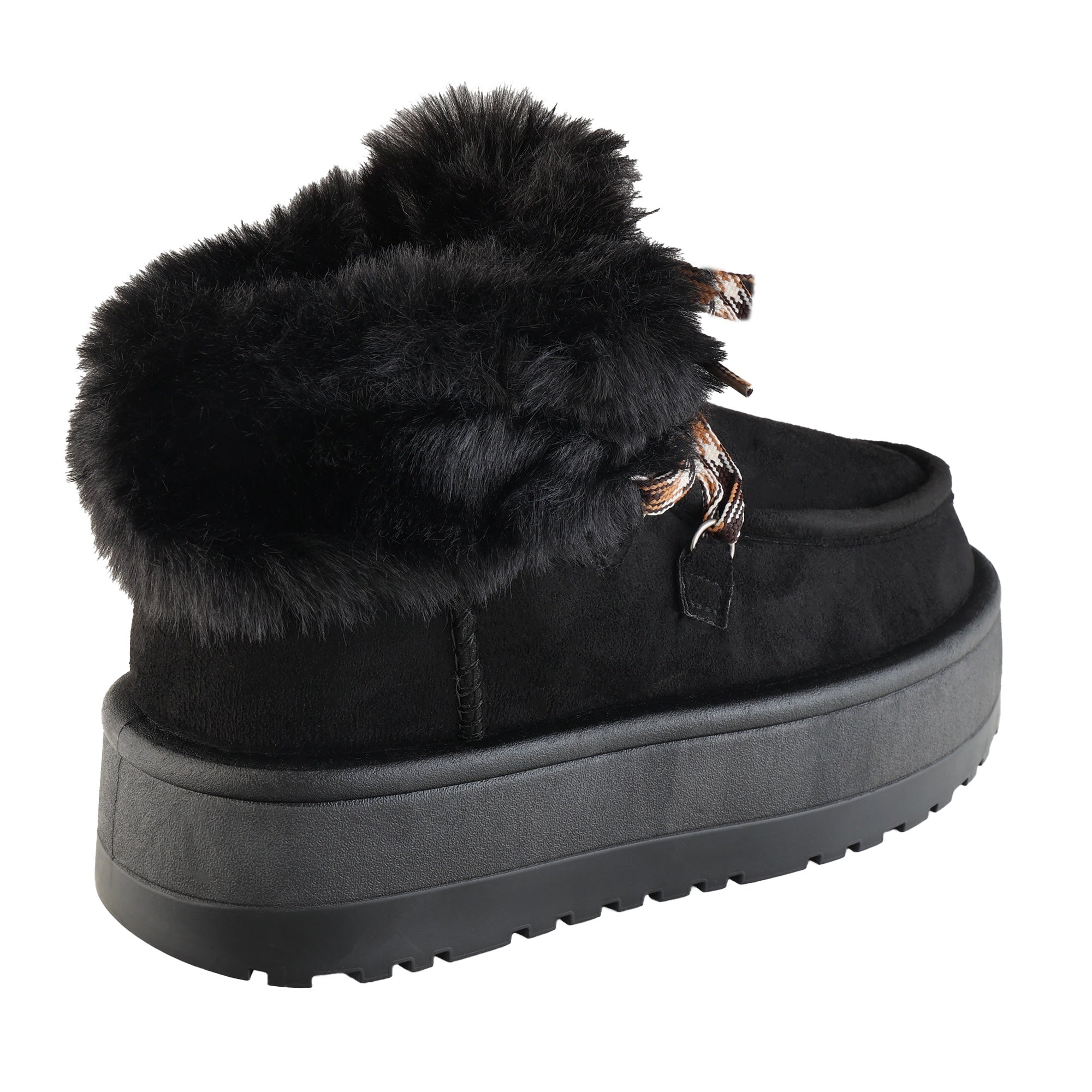 Stivaletti in simil camoscio imbottiti con stringhe e pellicciotto Nero