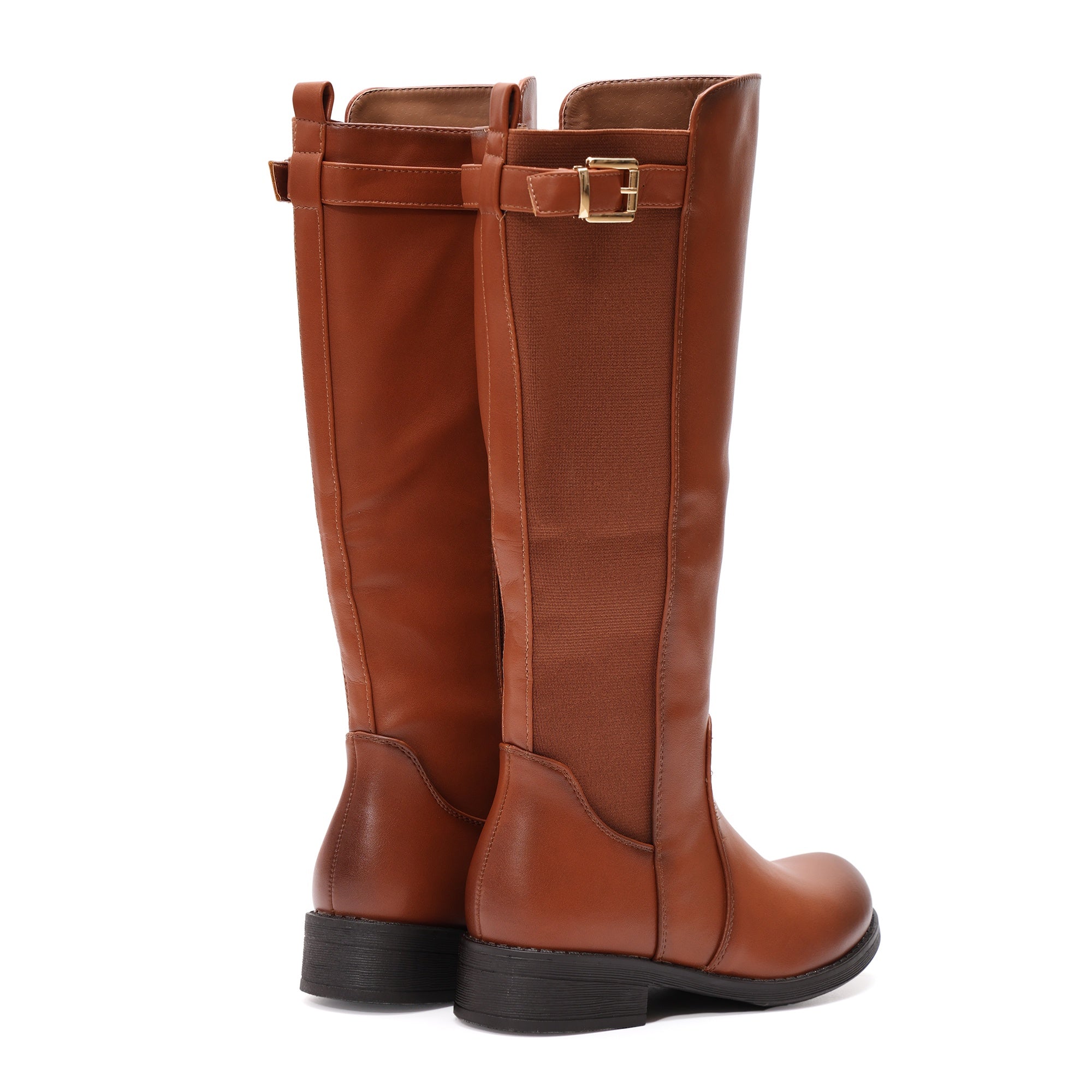 Stivale in simil pelle con elastico laterale e fibbia dorata Cammello