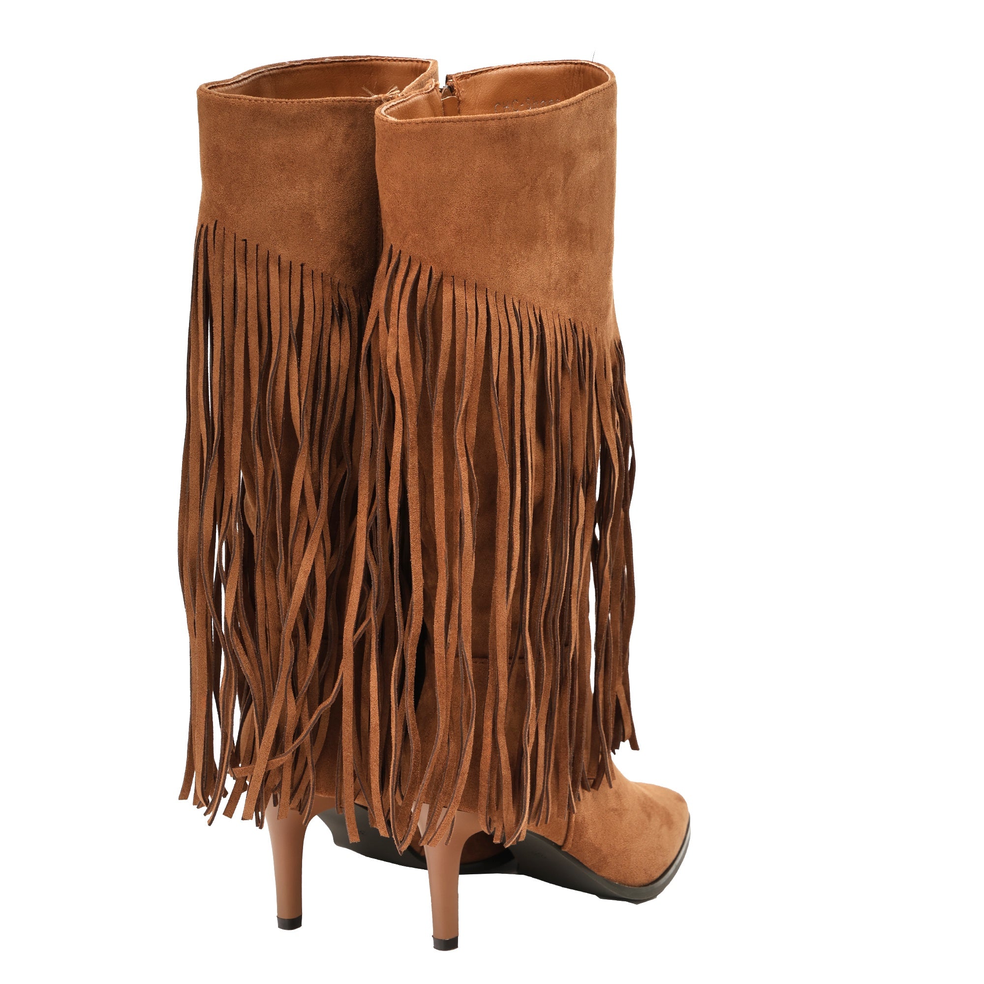 Stivali in simil camoscio con frange e tacco a spillo Cammello