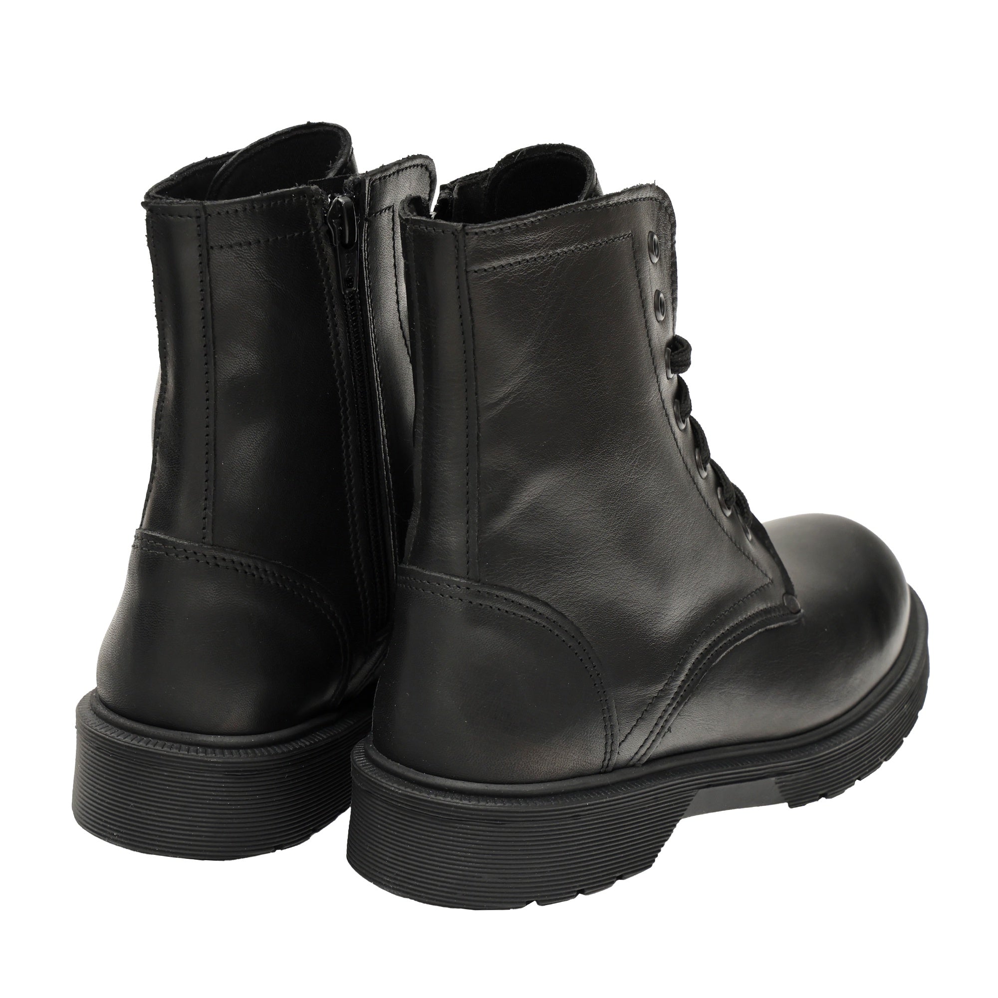 Anfibi in vera pelle con stringhe  e lampo laterale Nero