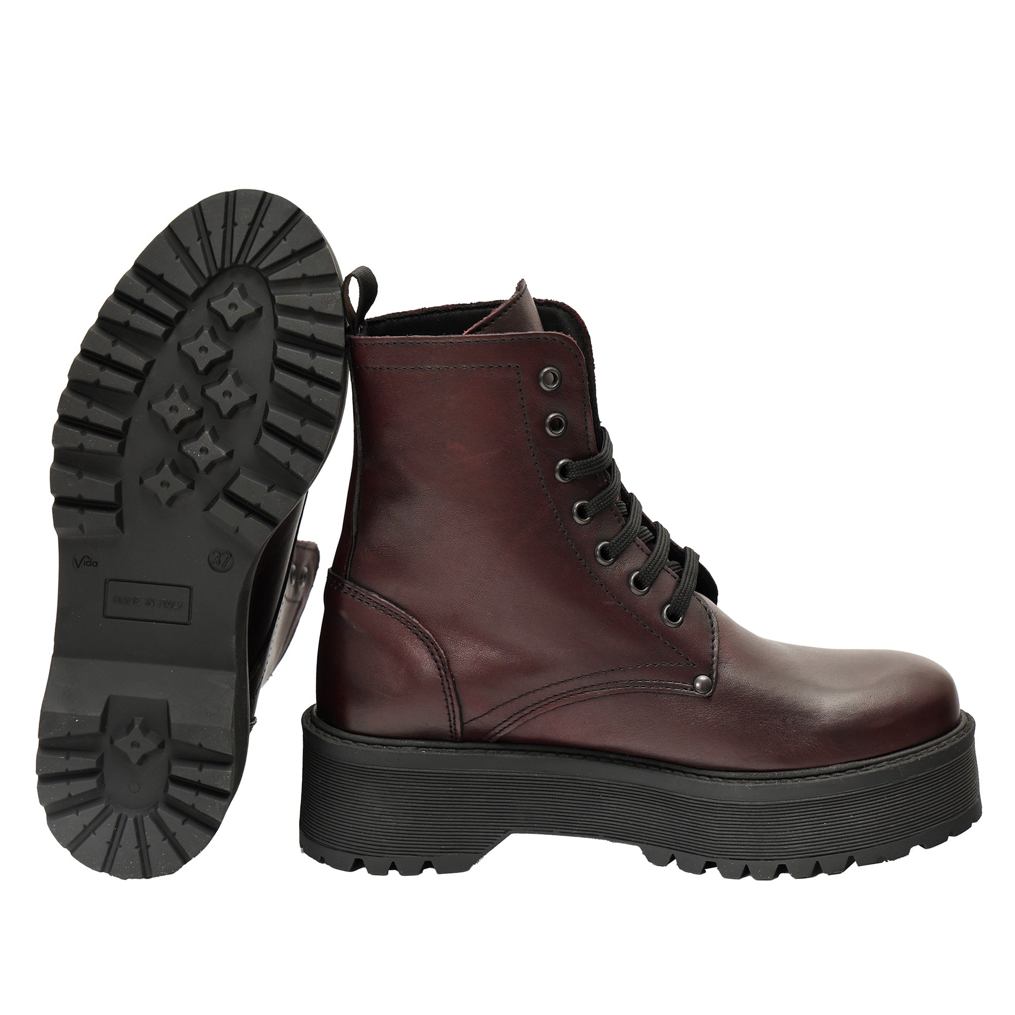 Anfibi in vera pelle con stringhe Bordeaux