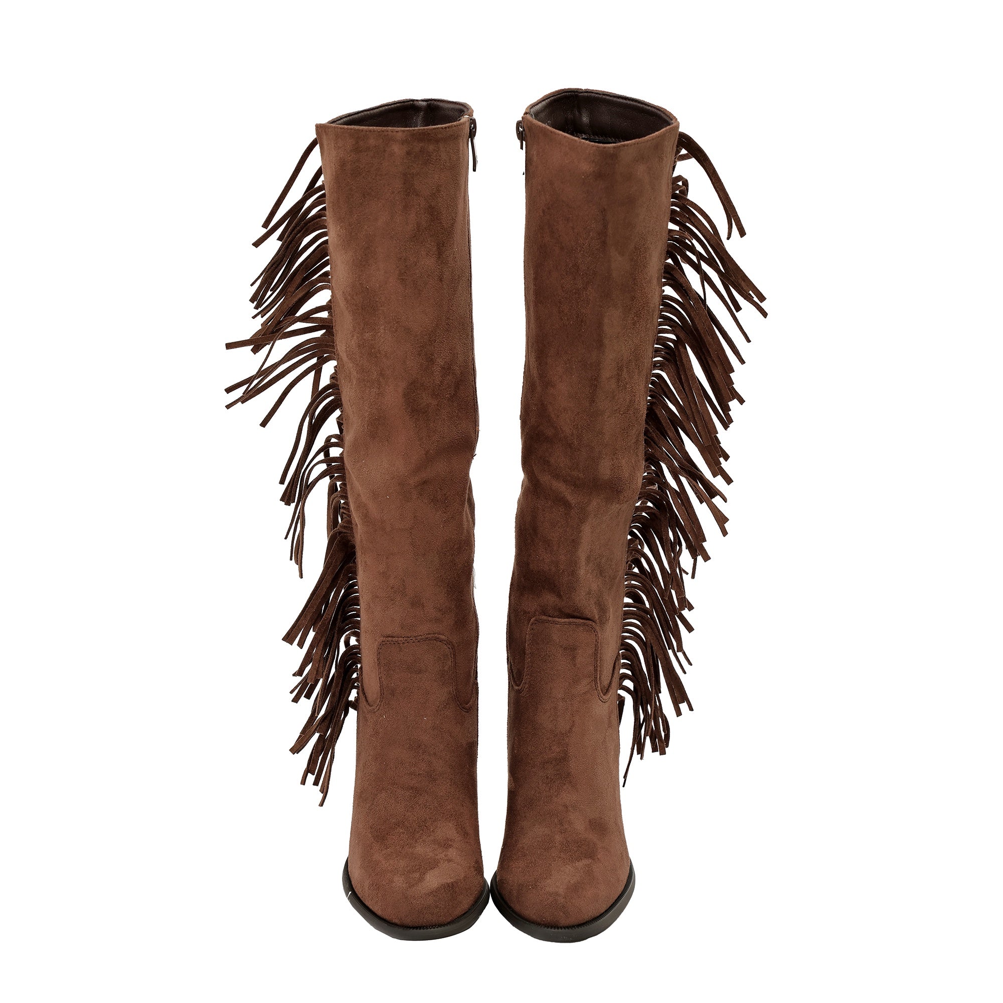 Stivali in simil camoscio con frange e tacco largo Marrone