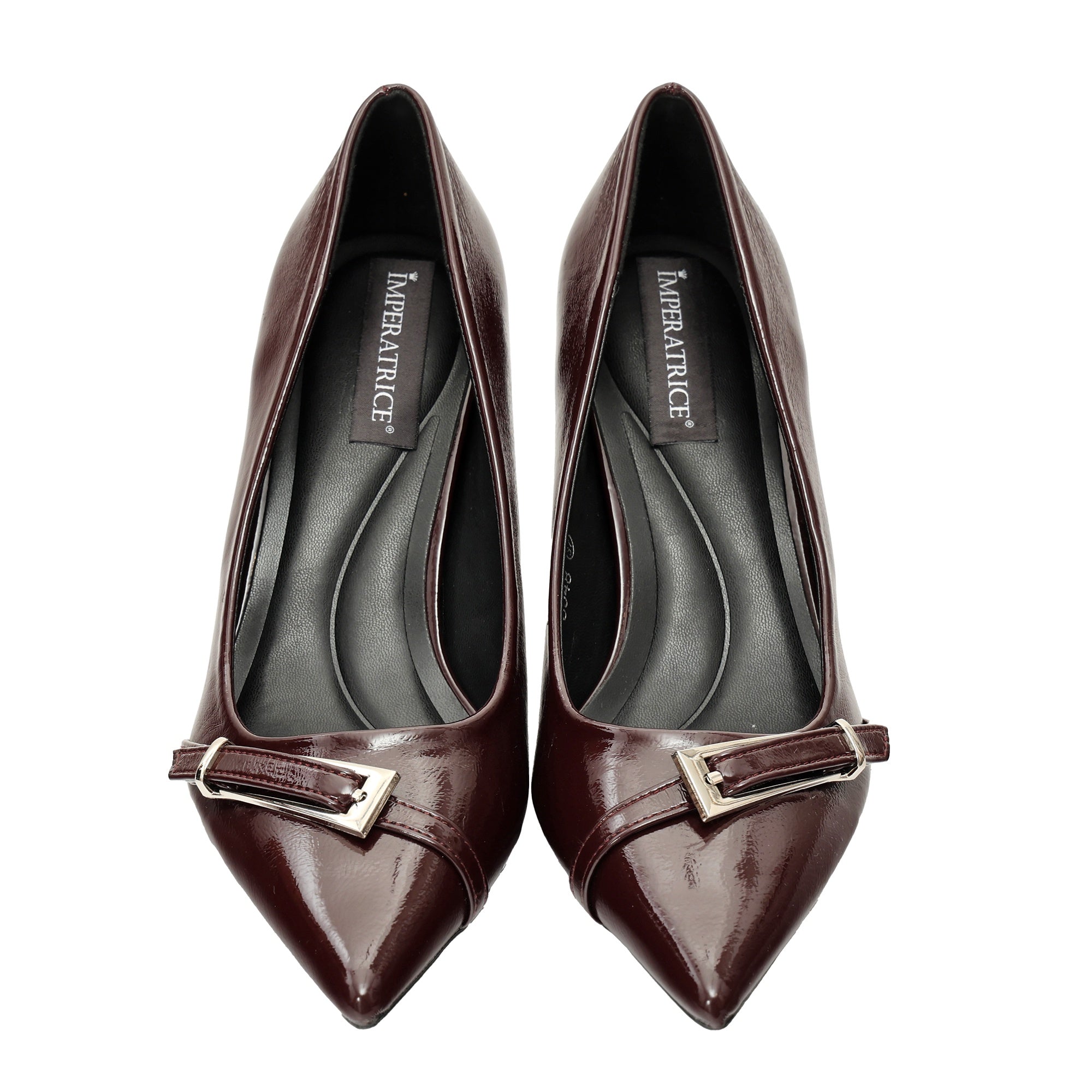 Decolletè in simil pelle verniciata con cinturino Marrone