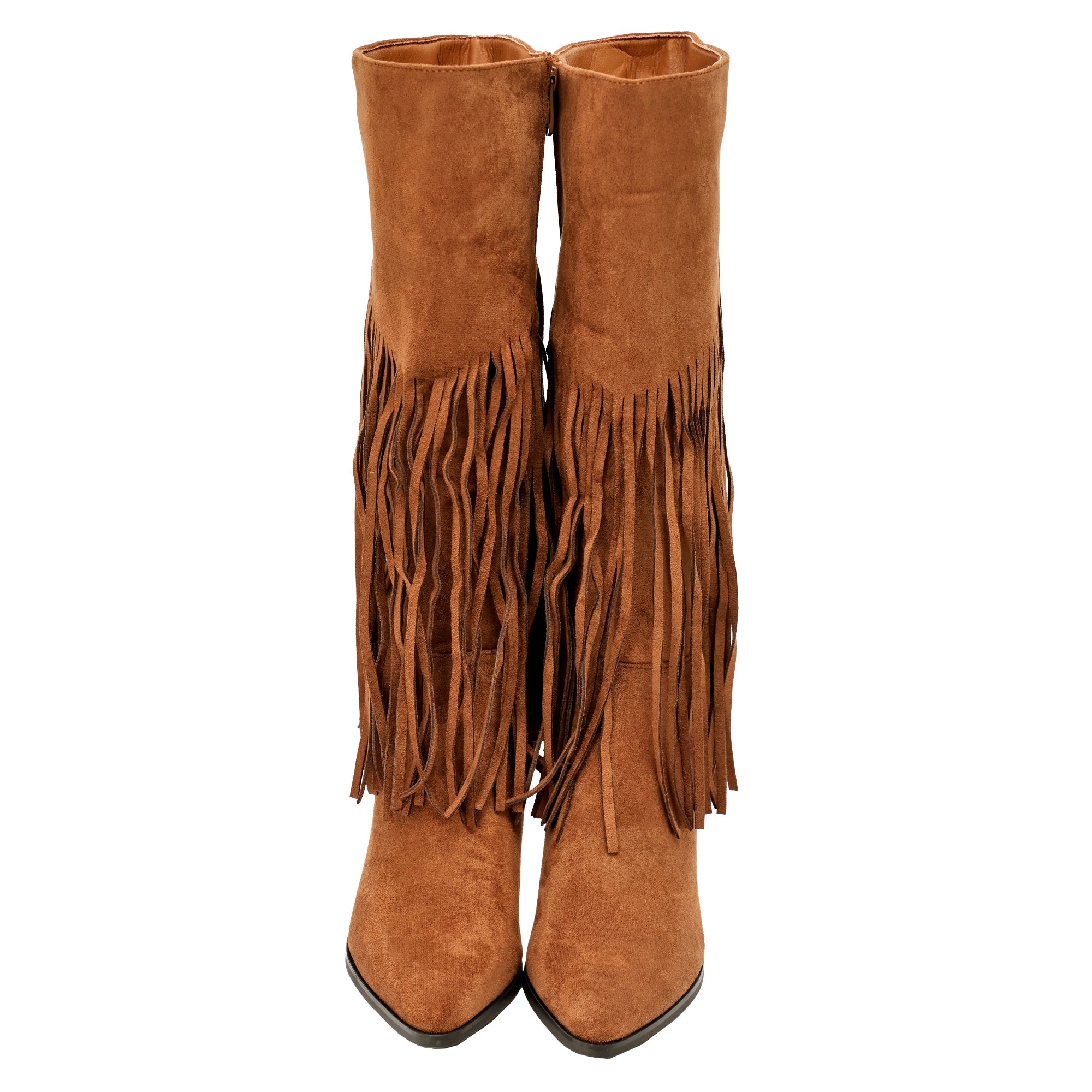 Stivali in simil camoscio con frange e tacco a spillo Cammello