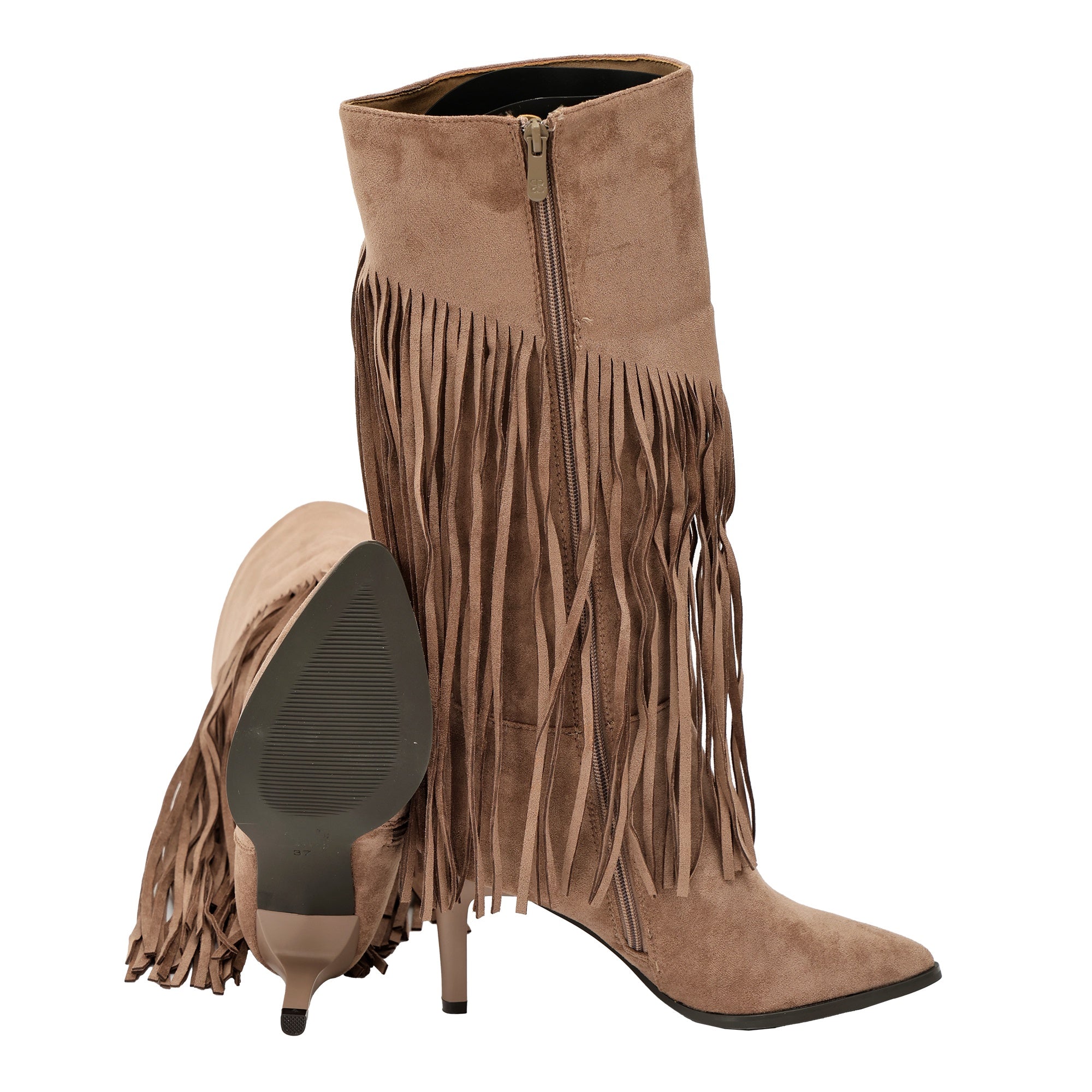 Stivali in simil camoscio con frange e tacco a spillo Kaki